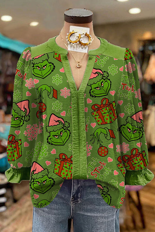 V-neck Grinch Christmas Print Puff Sleeve Blouse