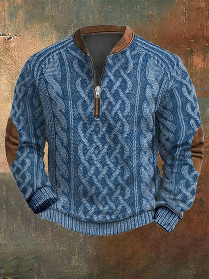 Men's Vintage Country Western Knitted Print Zipper Stand Collar Casual Sweatshirt