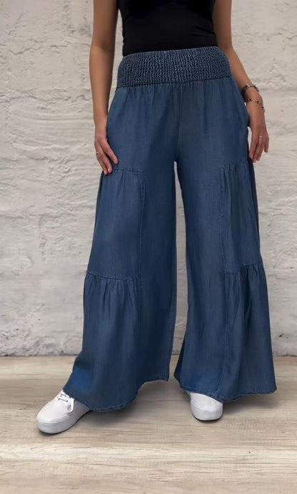 Women's denim patchwork design trousers