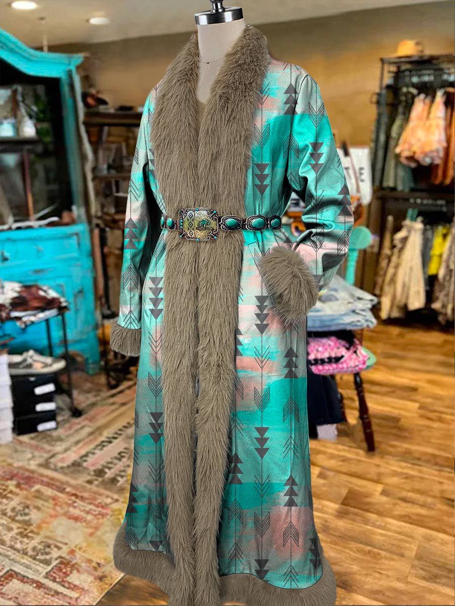 Women's Vintage  Printed Fur Patchwork Suede Long Afghan Coat