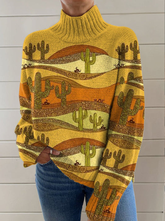 Yellow Vintage Cactus Printing Knit Turtleneck Pullover Sweater