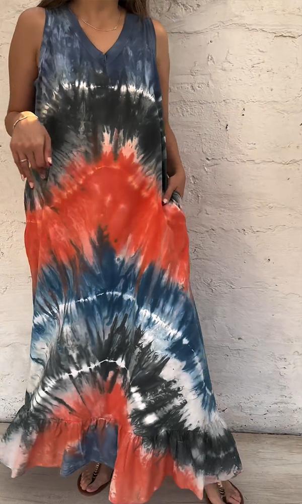 Women's Casual V-neck Multi-color Tie-dye Printed Vest Maxi Dress