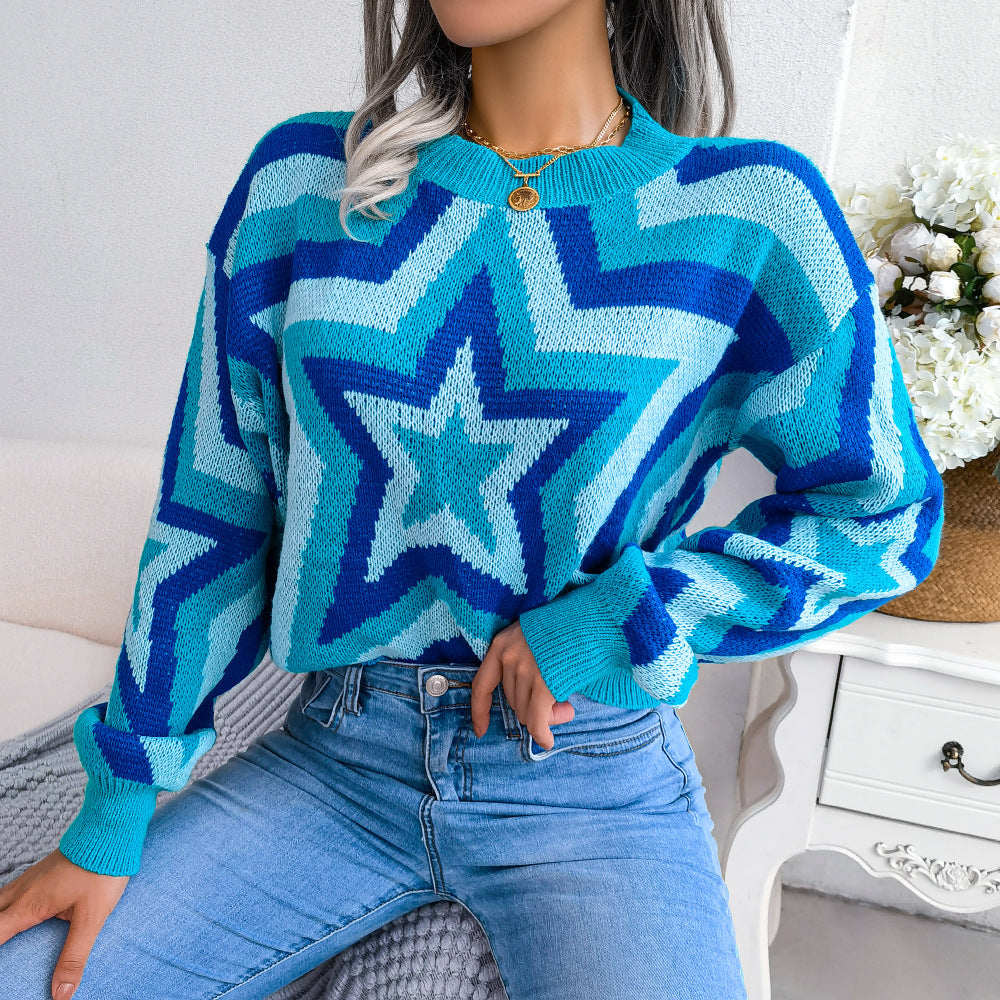 Women's Contrast Color Star Long Sleeve Pullover Sweater