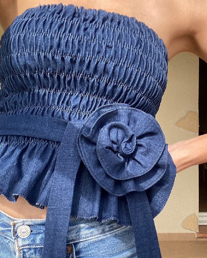 Retro Denim Floral Embellished Pleated Short Tube Top