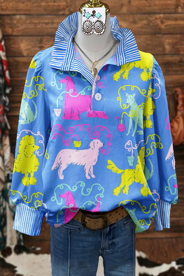 Elegant Contrast Color Dog Print Blouse