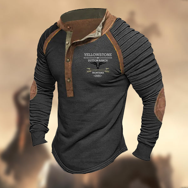 Men's Vintage Yellowstone Western Elbow Patch Henley Stand Collar Long Sleeve T-Shirt Sweatshirt