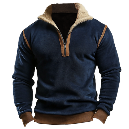 Men's Vintage Suede Patchwork Lamb Fleece Quarter Zip Stand Collar Pullover