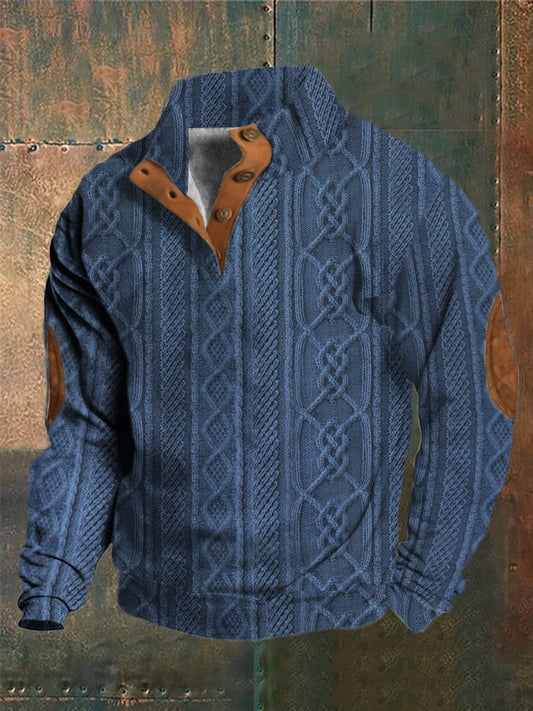 Men's Western Vintage Knitted Jacquard Print Stand Collar Button Sweatshirt