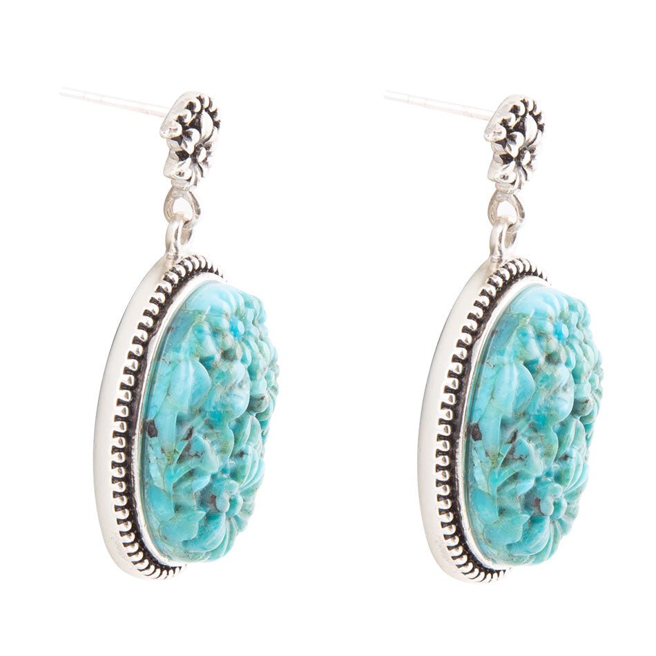 Barse Carved Blue Turquoise Sterling Silver Drop Earrings