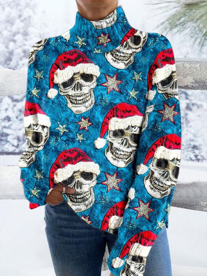 Skull Christmas Halloween Print Knit Turtleneck Pullover Sweater