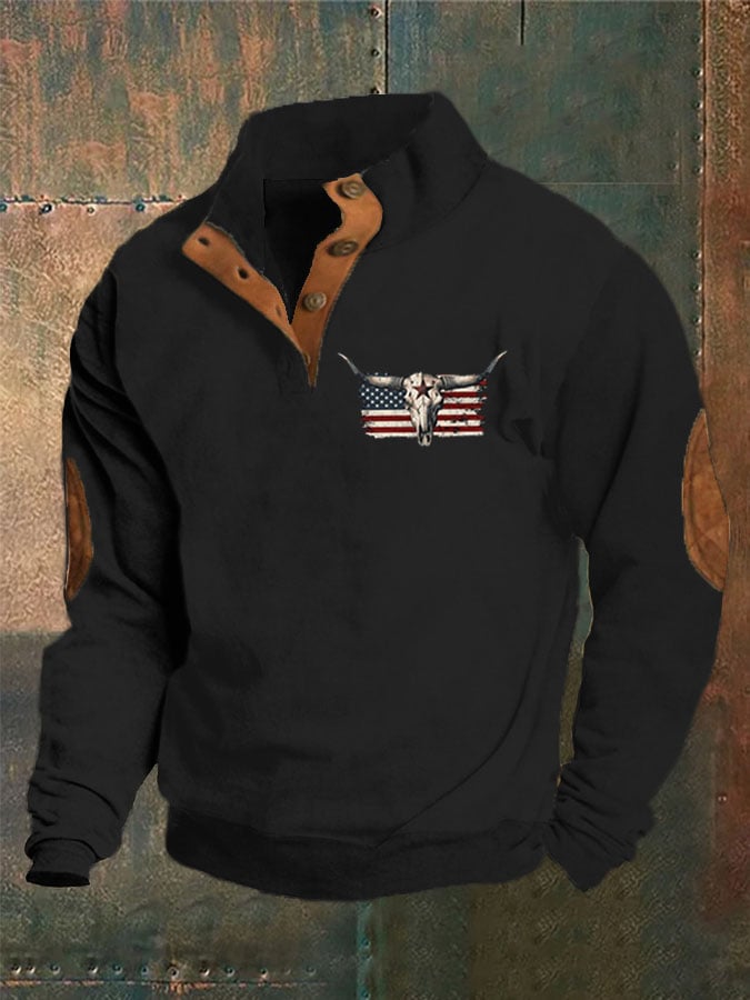 Men's Bull Skull Flag Print Sweatshirt