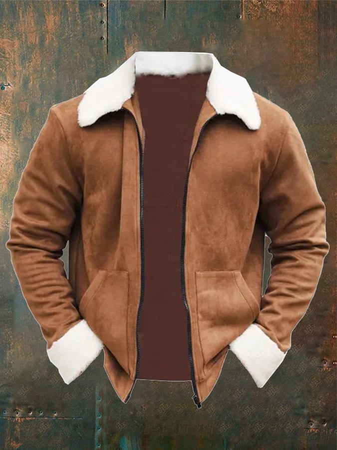 Men's Retro Suede Pocket Polar Fleece Lapel Outdoor Casual Jacket