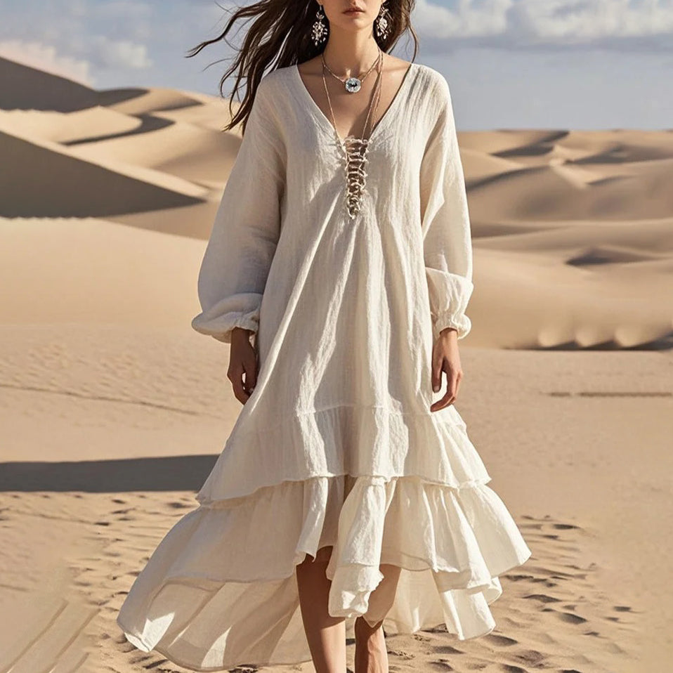 Women White Oversized Ruffles Cotton Long Dress