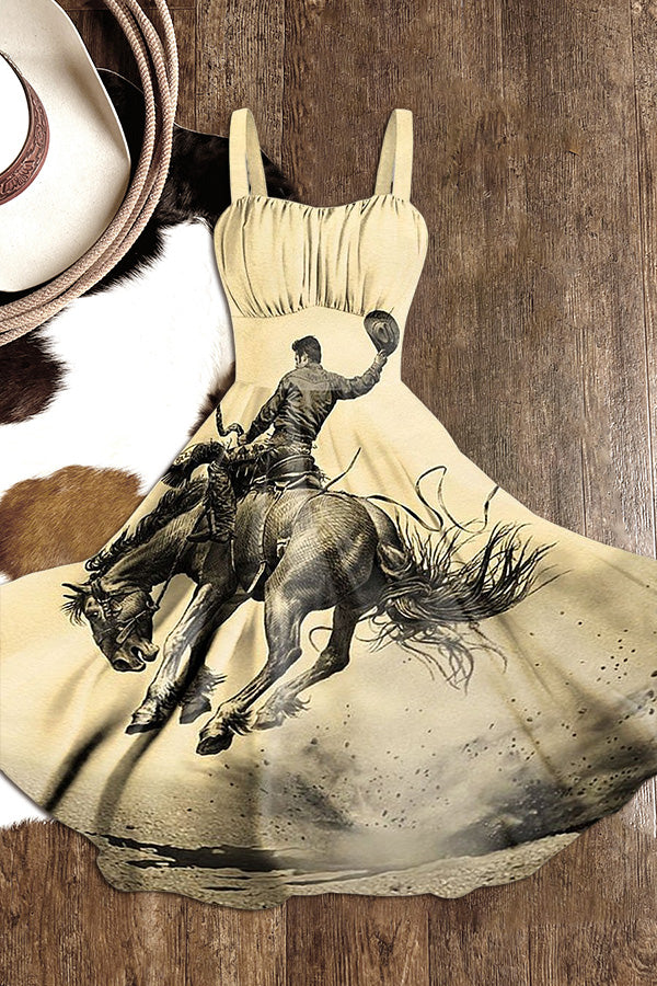 Women's Vintage Rodeo Riding Cowboy Art Print Dress