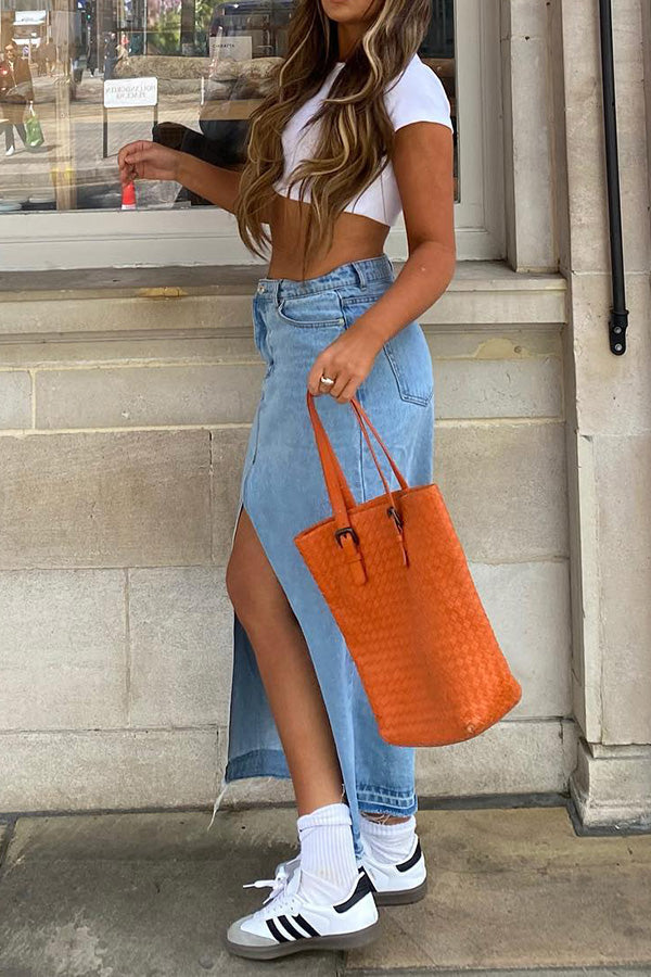 2023 summer new long slit denim skirt casual all-match straight slim skirt