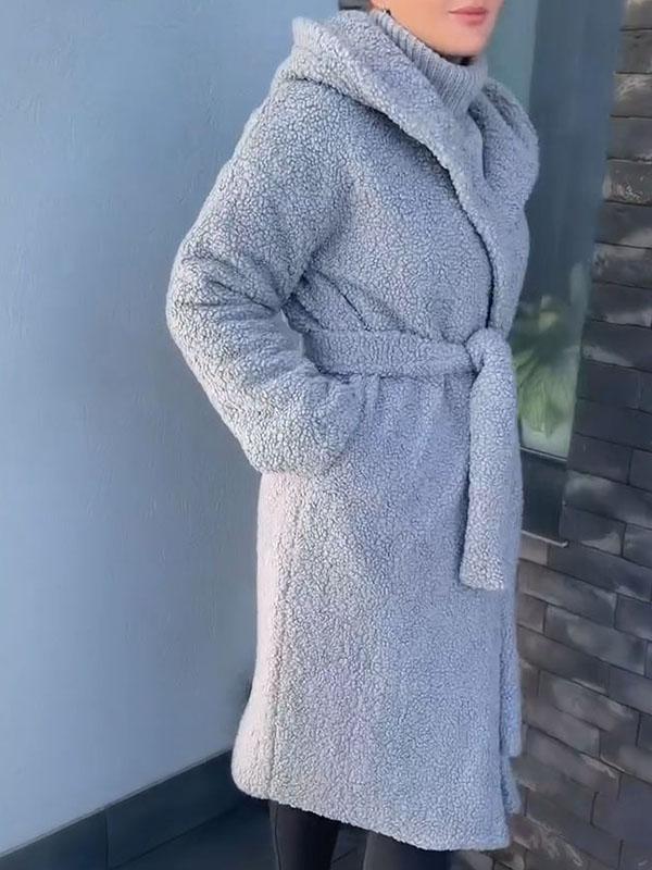 Women's Hooded Long-sleeved Tie Fur Coat