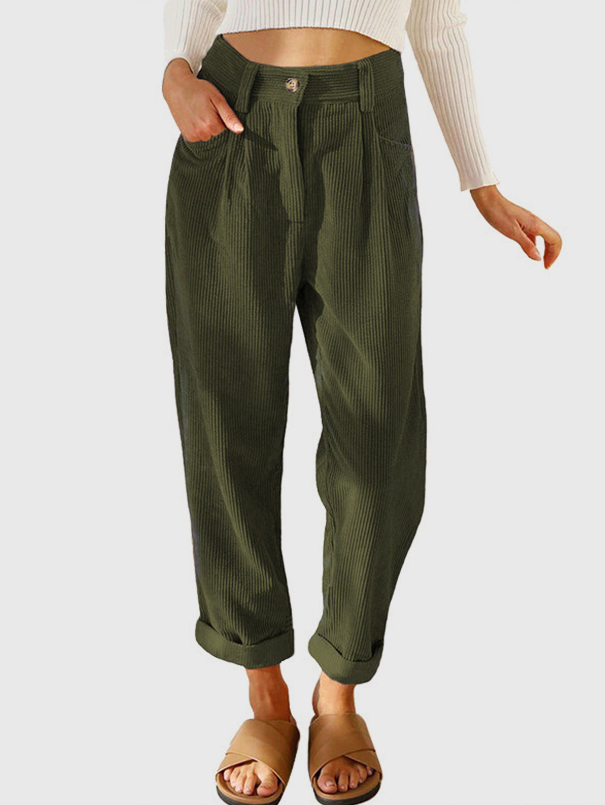 Casual Solid High Waist Pocket Straight Leg Corduroy Pant