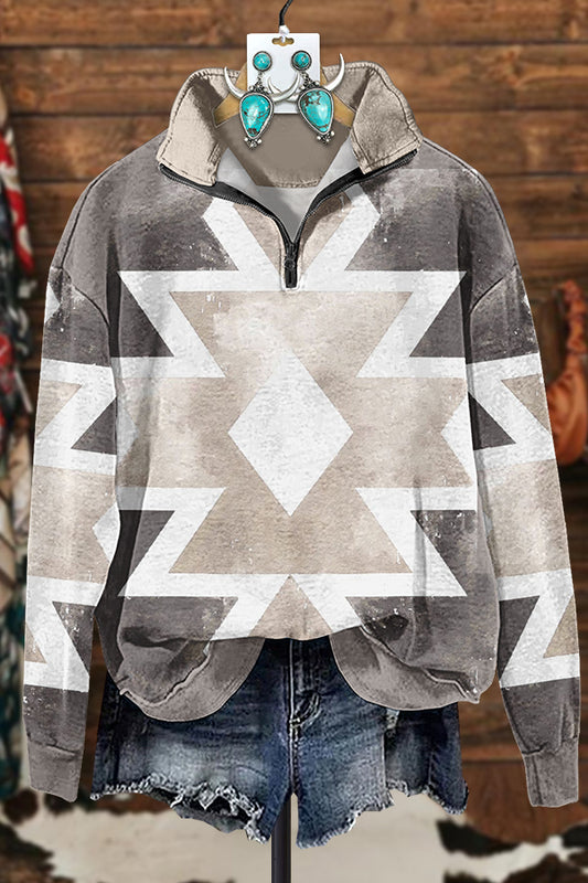 Retro Western Aztec Printed Zipper Sweatshirt