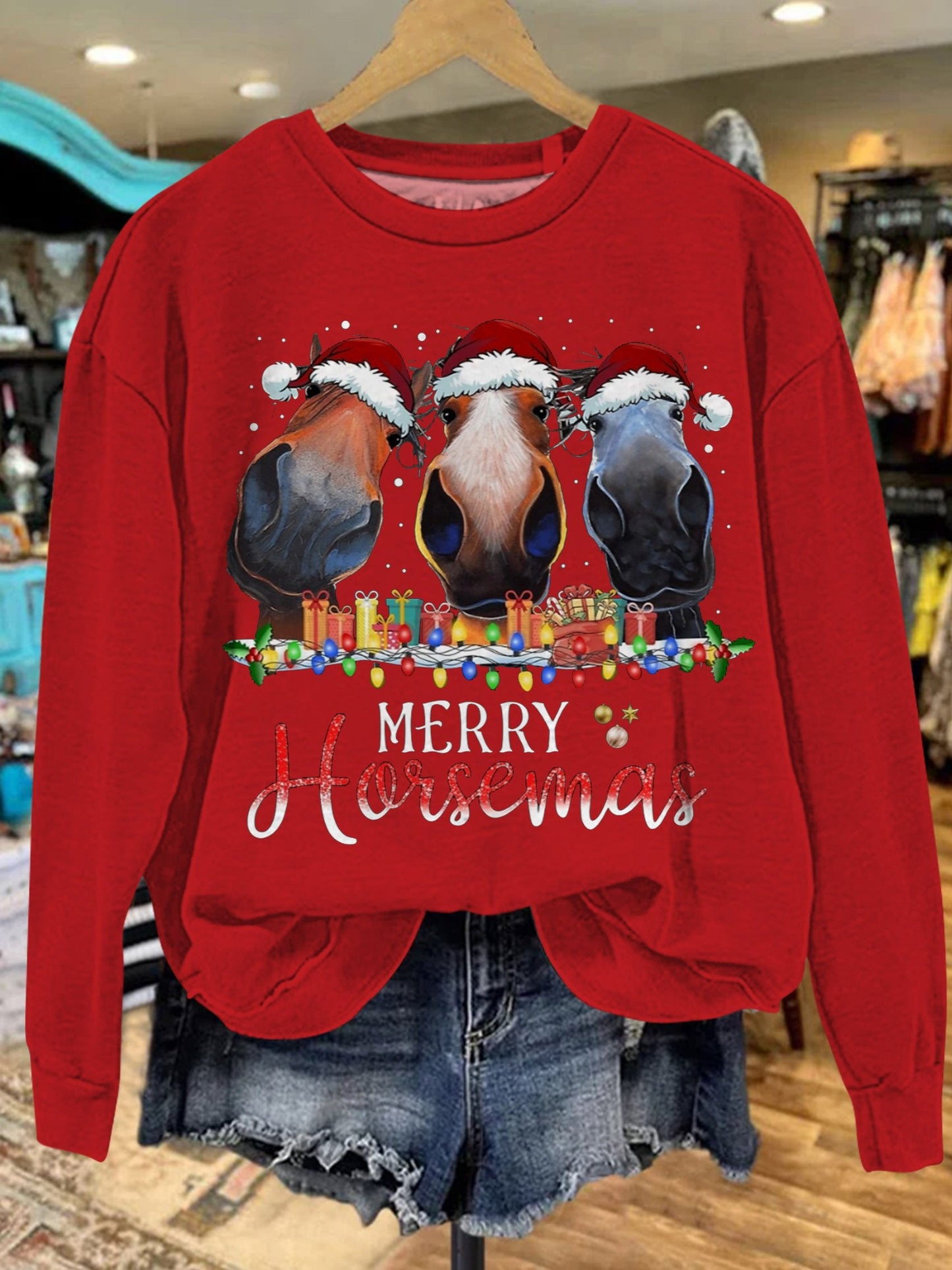 Merry Horsemas Print Casual Sweatshirt