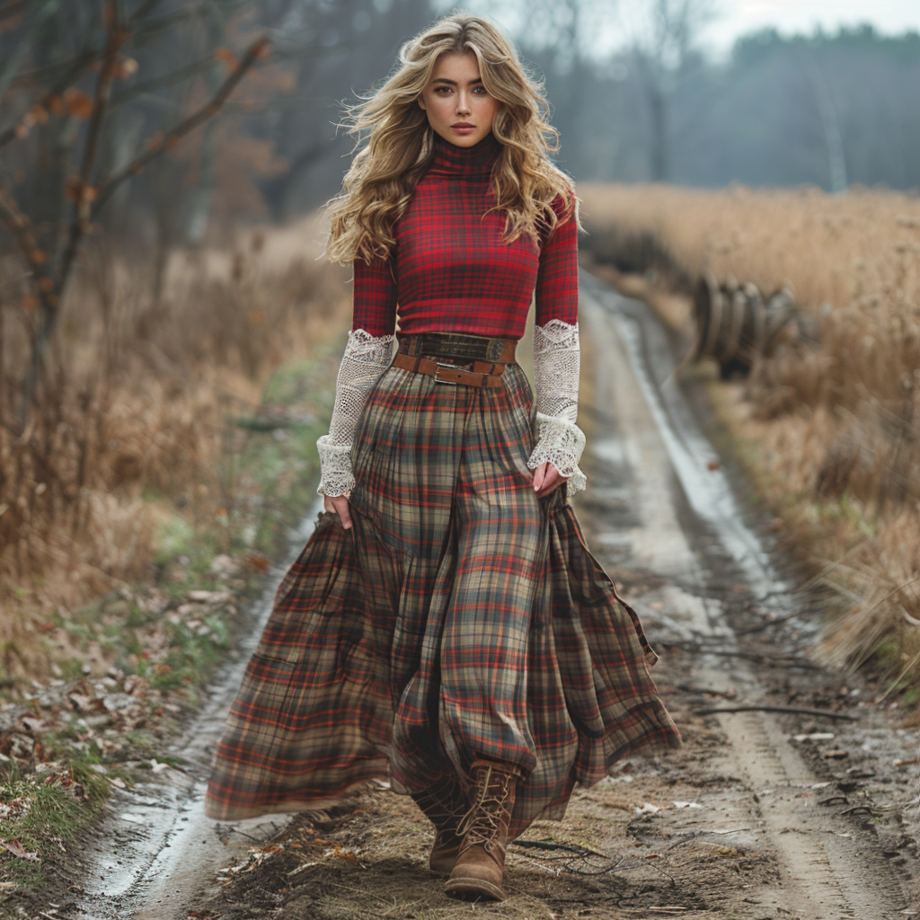 Women's Retro High Neck Long Sleeve Long Skirt Plaid Pastoral Style Dress