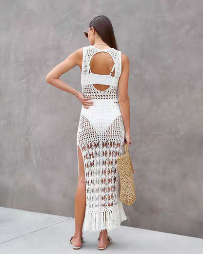 Hollow Knitted Tassel Sexy Dress Beach Bikini Cover-up Vacation Swimsuit Long Skirt