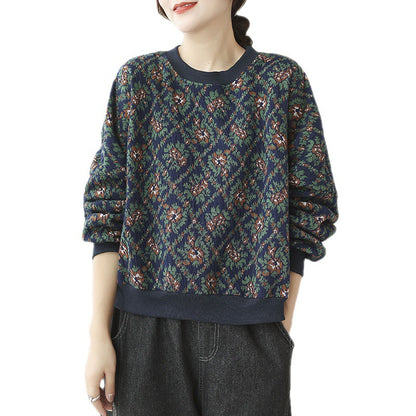 Forest Retro Knitted Tops, Loose Casual Bottoming Shirts, Bat Sleeve Cotton Sweatshirts For Women