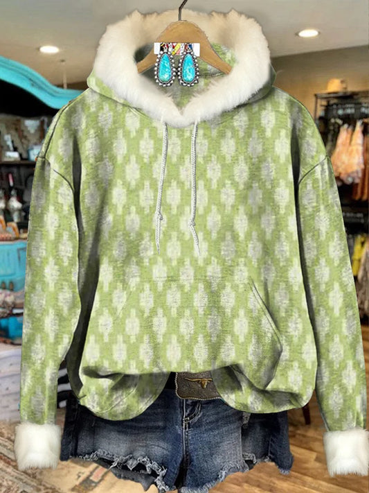 Green Vintage Aztec Print Imitation Rabbit Fur Trim Casual Hoodie Sweatshirt