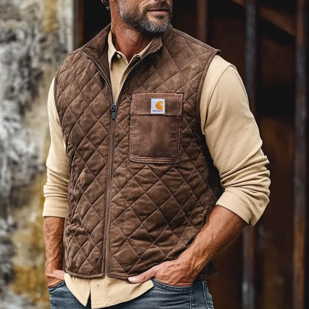 Men's Vintage Pocket Suede Quilted Zip Vest Outdoor Motorcycle Stand Collar Vest Jacket