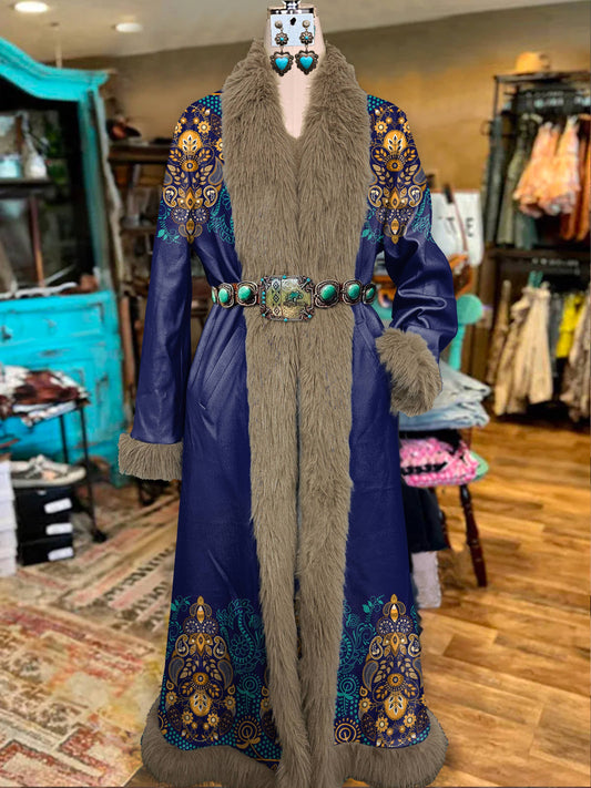 Women's Vintage Blue Printed Fur Patchwork Suede Long Afghan Coat