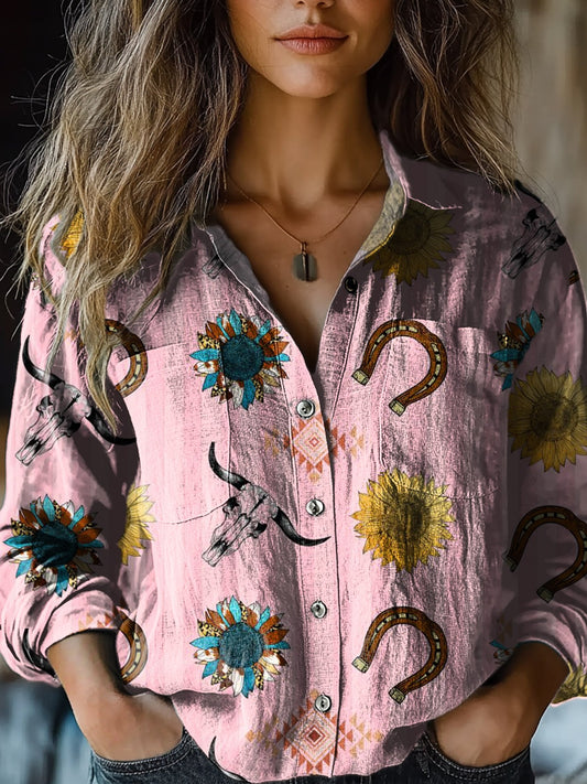 Women's Retro Floral Bull Head Horseshoe Art Print Casual Long Sleeve Comfortable Cotton Shirt