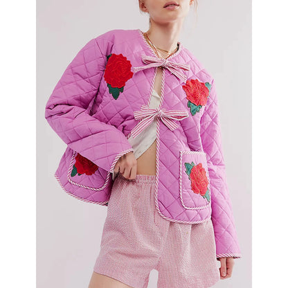 Rose Print Bow Pink Thin Jacket