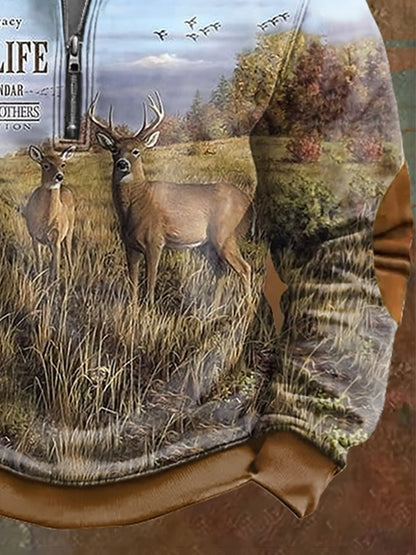 Men's Vintage Outdoor Deer Hunting Print Zip-Neck Sweatshirt