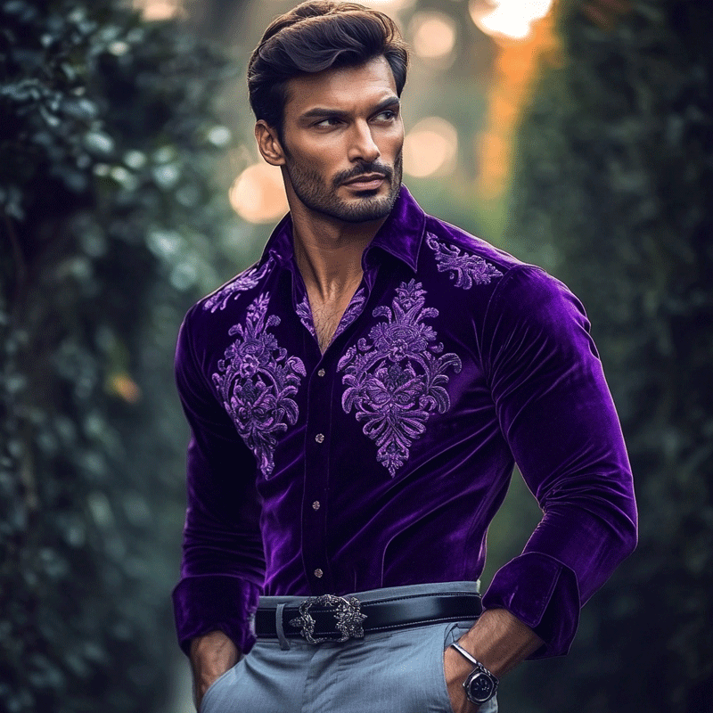 Men's Gentleman Regular Fit Crushed Flower Embroidery Purple Velvet Shirt