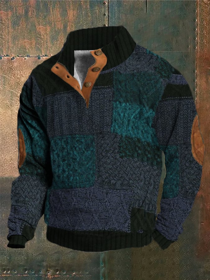 Men's Western Vintage Knitted Patchwork Printed Stand Collar Button Sweatshirt