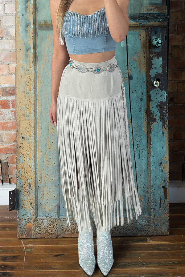 Retro Layered Long Fringe Skirt