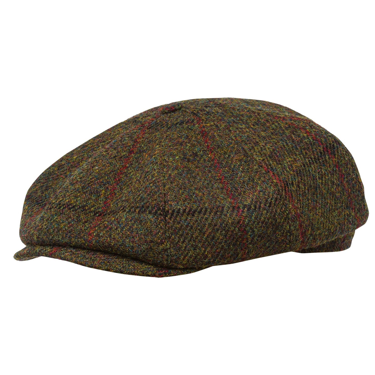 PEAKED CAPS Genuine Scottish Harris Tweed 8 Panels Man Cap Wool Large Crown GREEN-RED