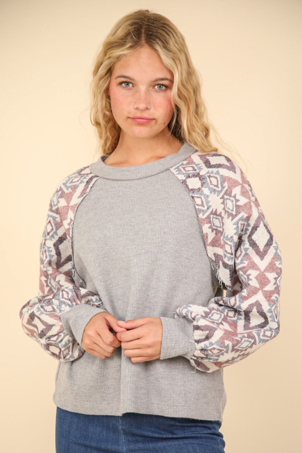 Aztec Printed Long Sleeve Round Neck Knit Top