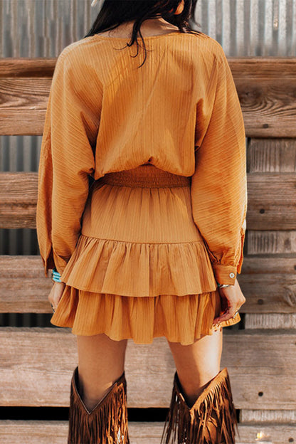 Pretty Ruffled V Neck Long Sleeve Dress