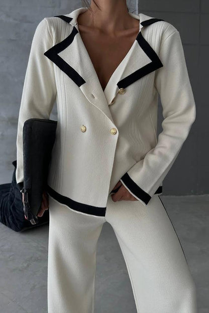 Women's casual lapel contrast knit set