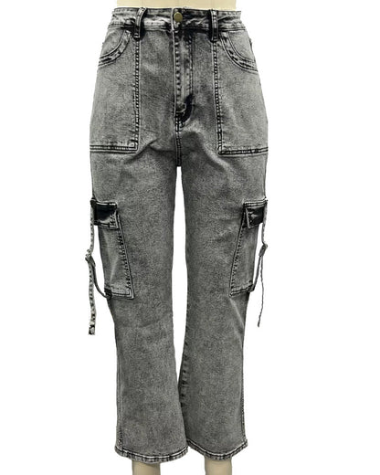 Women's High Waist Cargo Jeans Flap Pocket Wide Leg Denim Pants