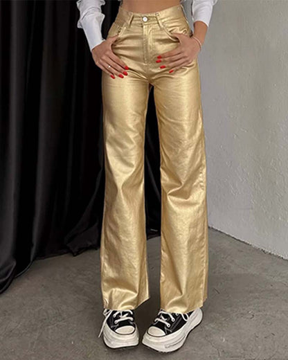 Women Vintage Straight-Leg Gold And Silver Pants