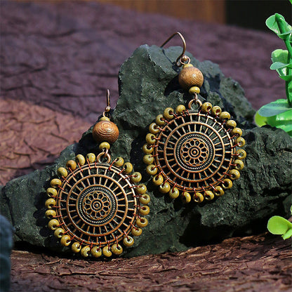 Women's Bohemian Retro Wooden Geometric Tassel Earrings