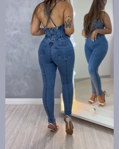 Denim Jumpsuit for Women Sexy Slim-Fit Halter Bandage Jeans Rompers