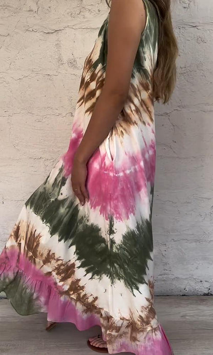 Women's Casual V-neck Multi-color Tie-dye Printed Vest Maxi Dress