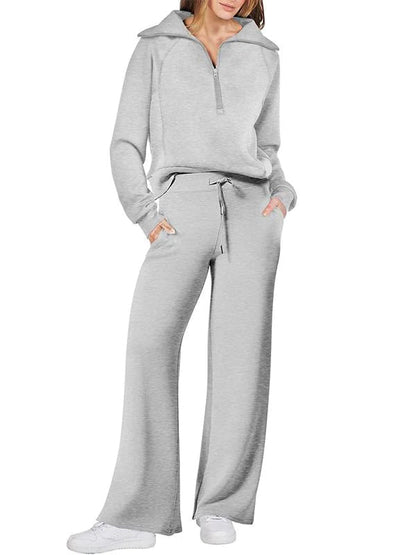 Women's casual sports suit zippered long-sleeved sweatshirt wide-leg pants two-piece set