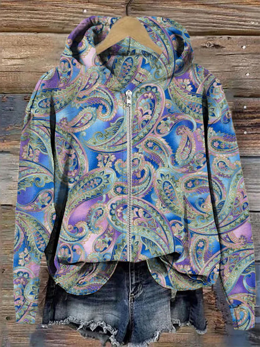 Women's Paisley Floral Art Print Casual Zip Hoodie Sweatshirt