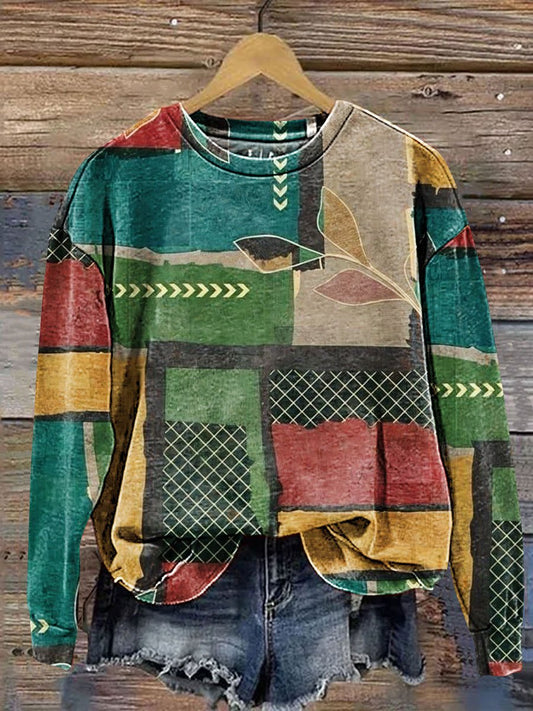 Vintage Color Block Art Print Casual Sweatshirt