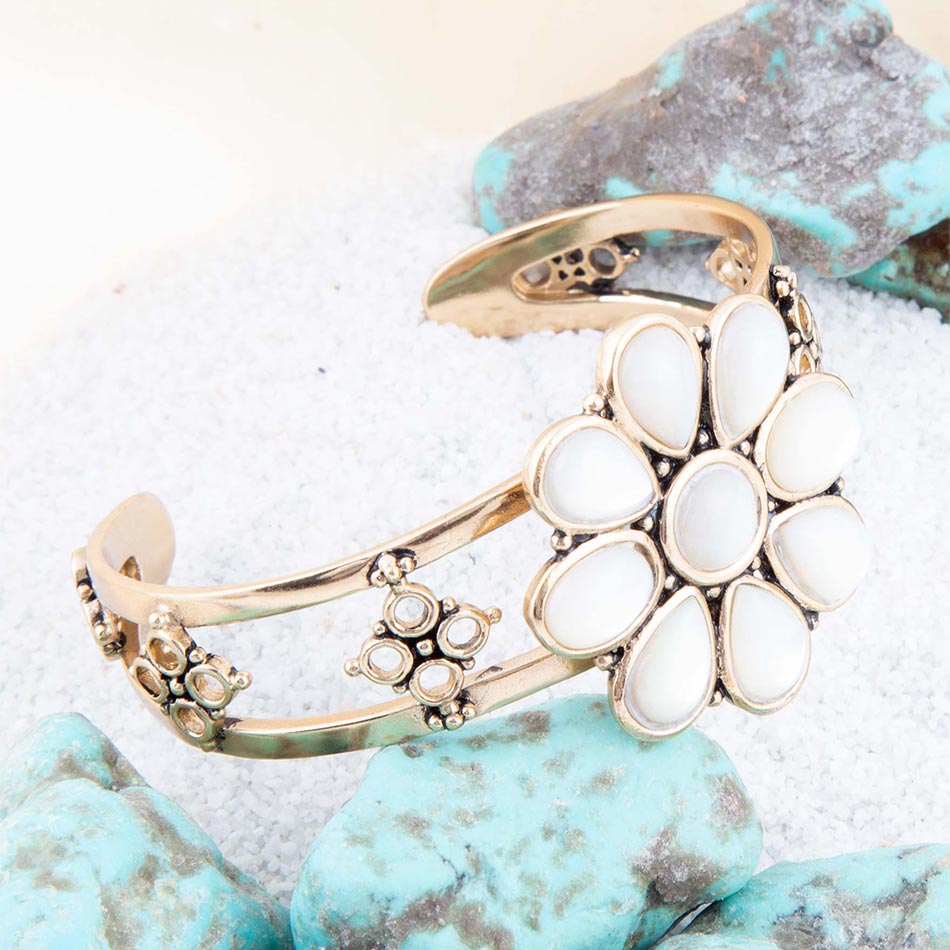 Hibiscus White Mother of Pearl and Golden Cuff Bracelet