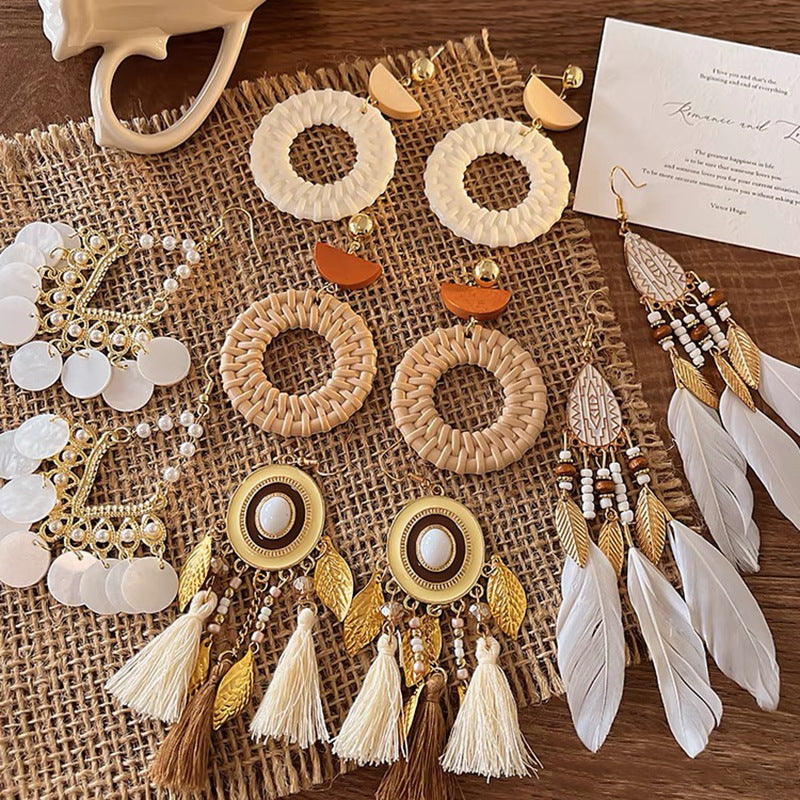 Bohemian Ethnic Style Feather Long Tassel Earrings