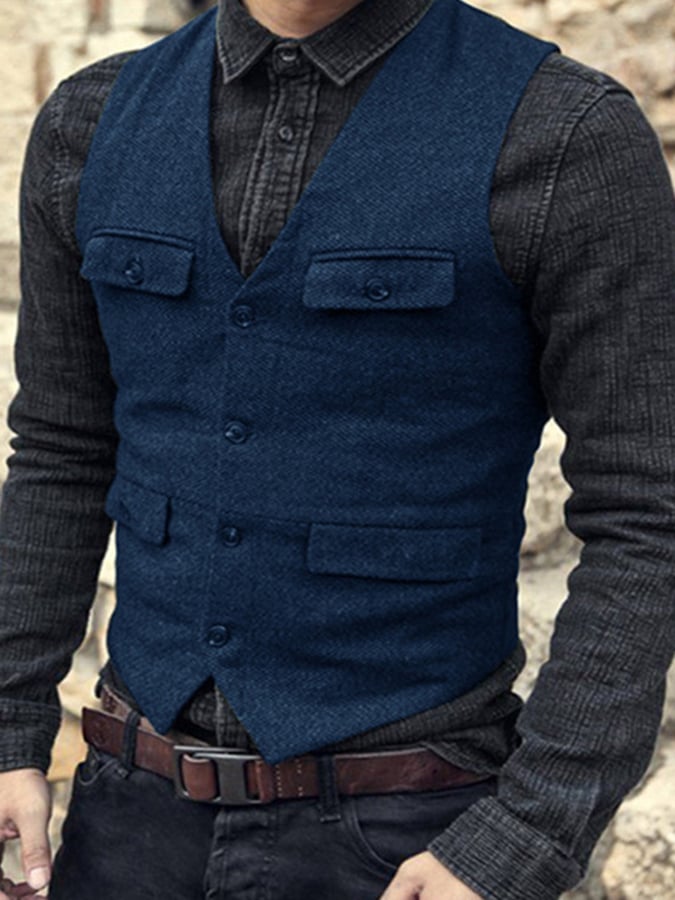 Temperament Men's Retro Single-Breasted Slim Wool Vest Vest